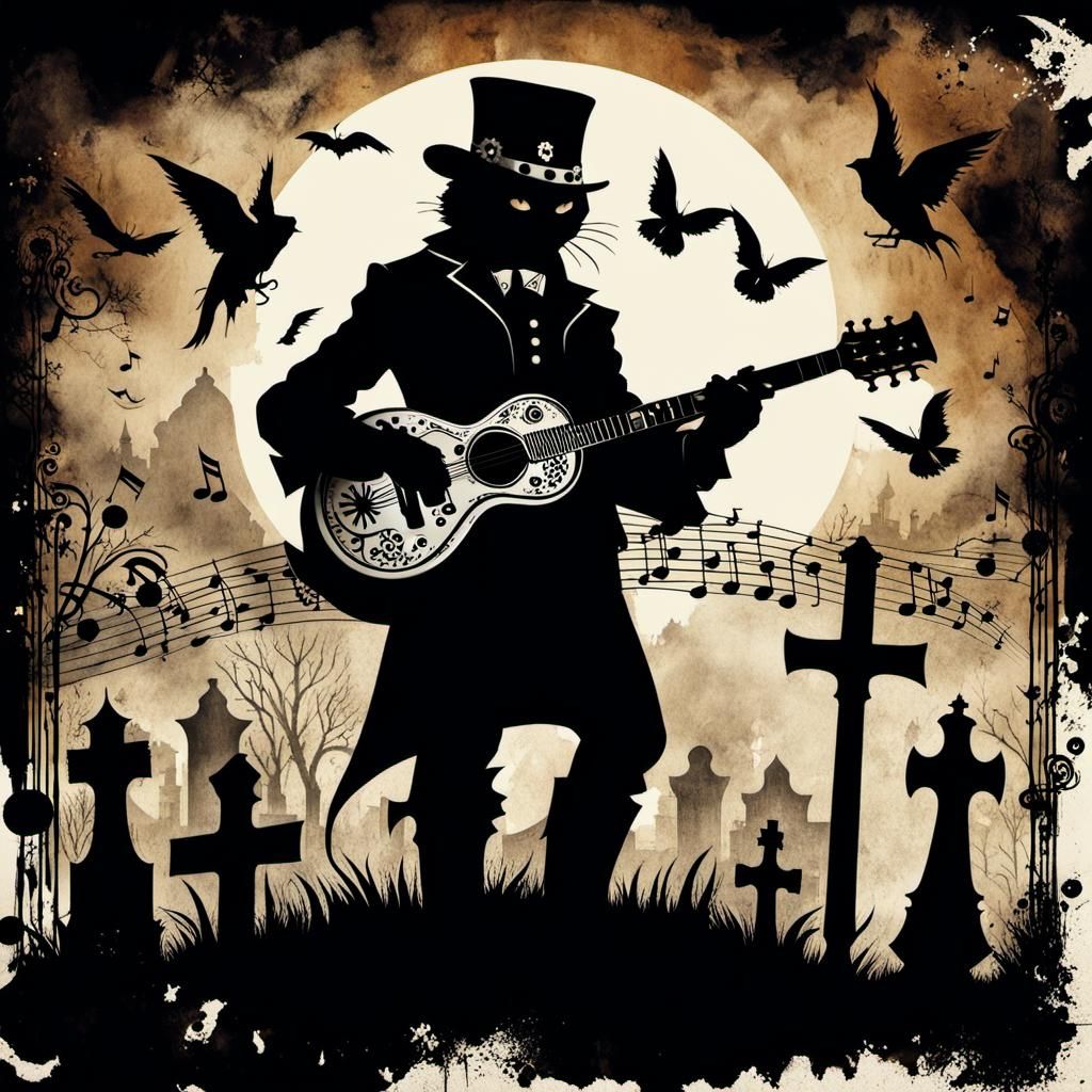 Steampunk Musician Silhouette with Gun-Guitar and Black Cats