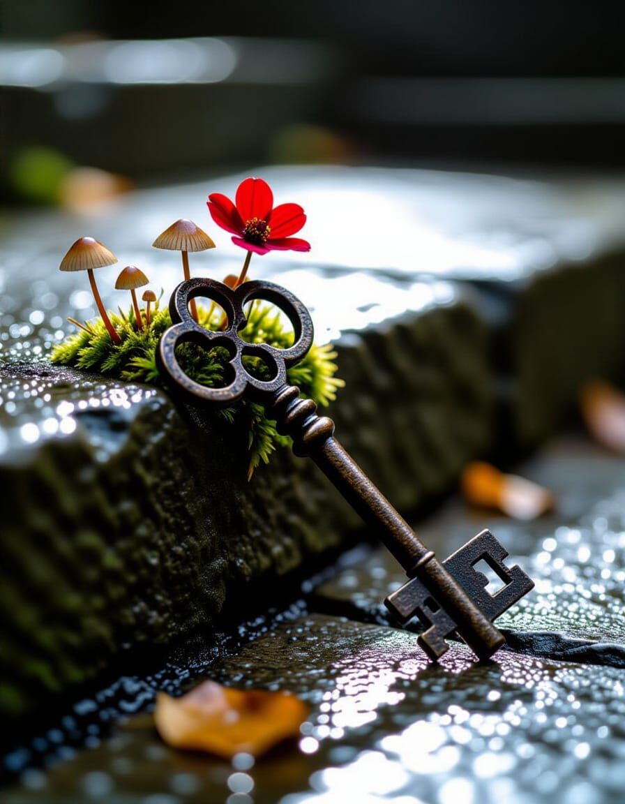 Antique Key with Mushrooms on Stone Step in Moonlight