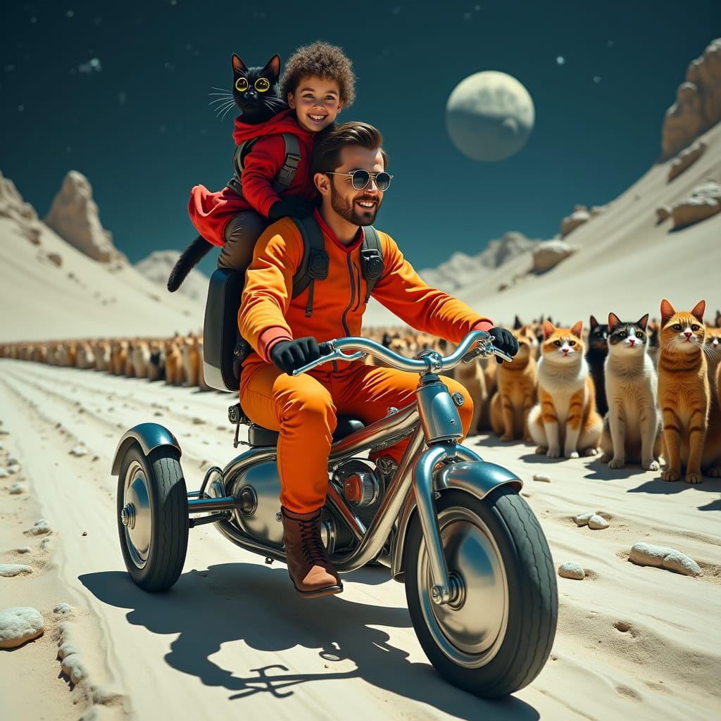 Lunar Tricycle Ride with Cats in Hyperreal Style
