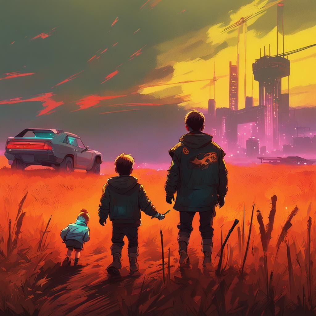 Boys with Chickens in Cyberpunk Neon Field