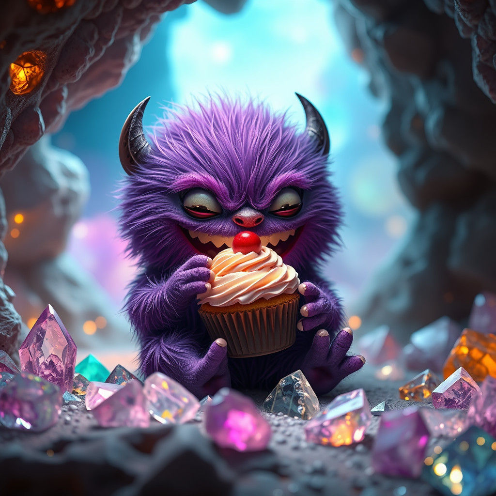 Chibi Monster Enjoys Cupcake in Crystal Cave