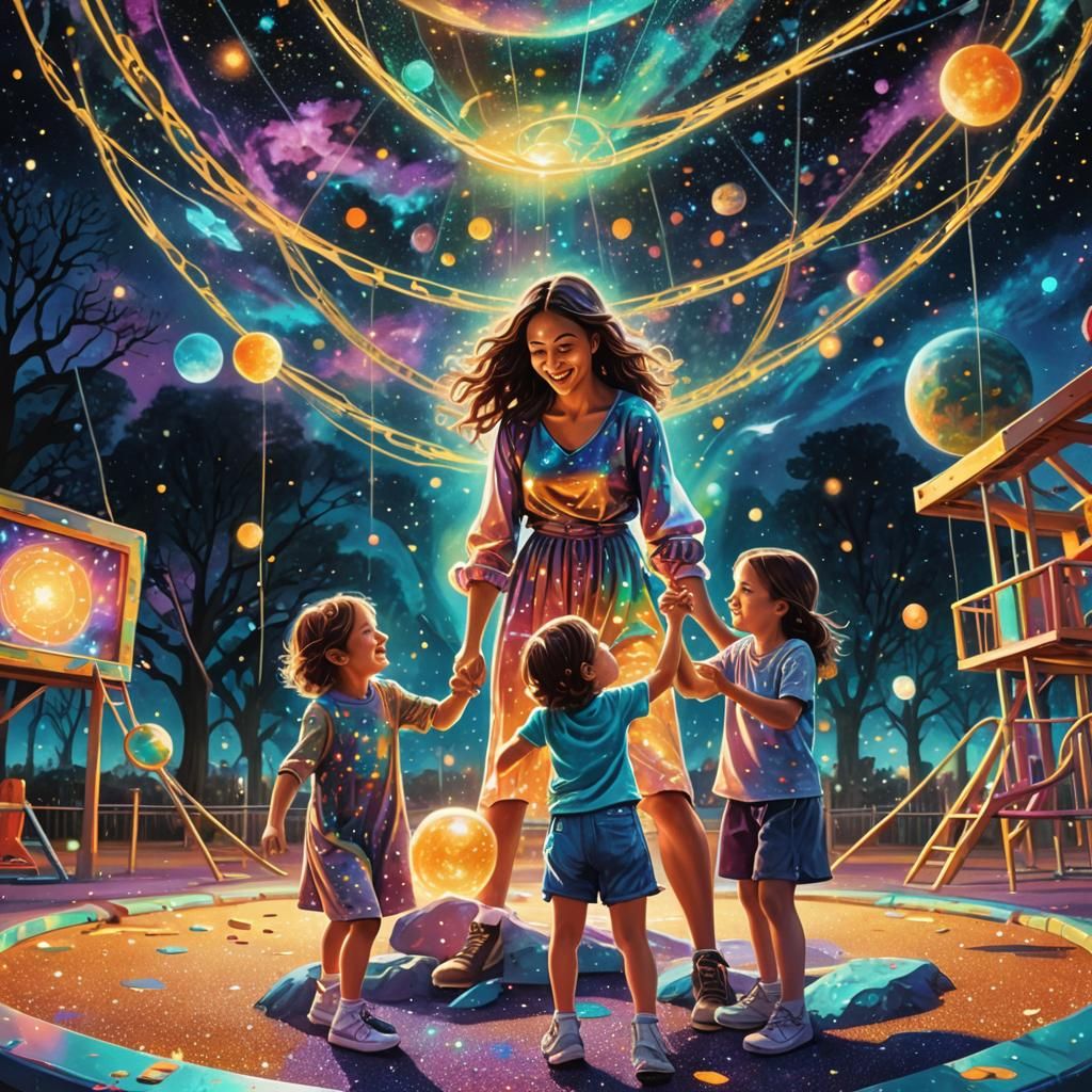 Magical Playground Scene in Cosmic Illustration Style