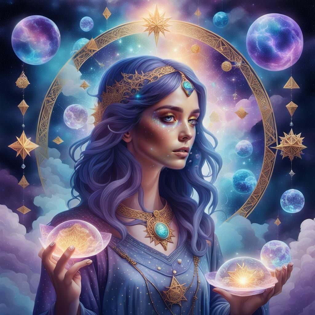 Mystical Tarot Scene in Pablo Amaringo Style