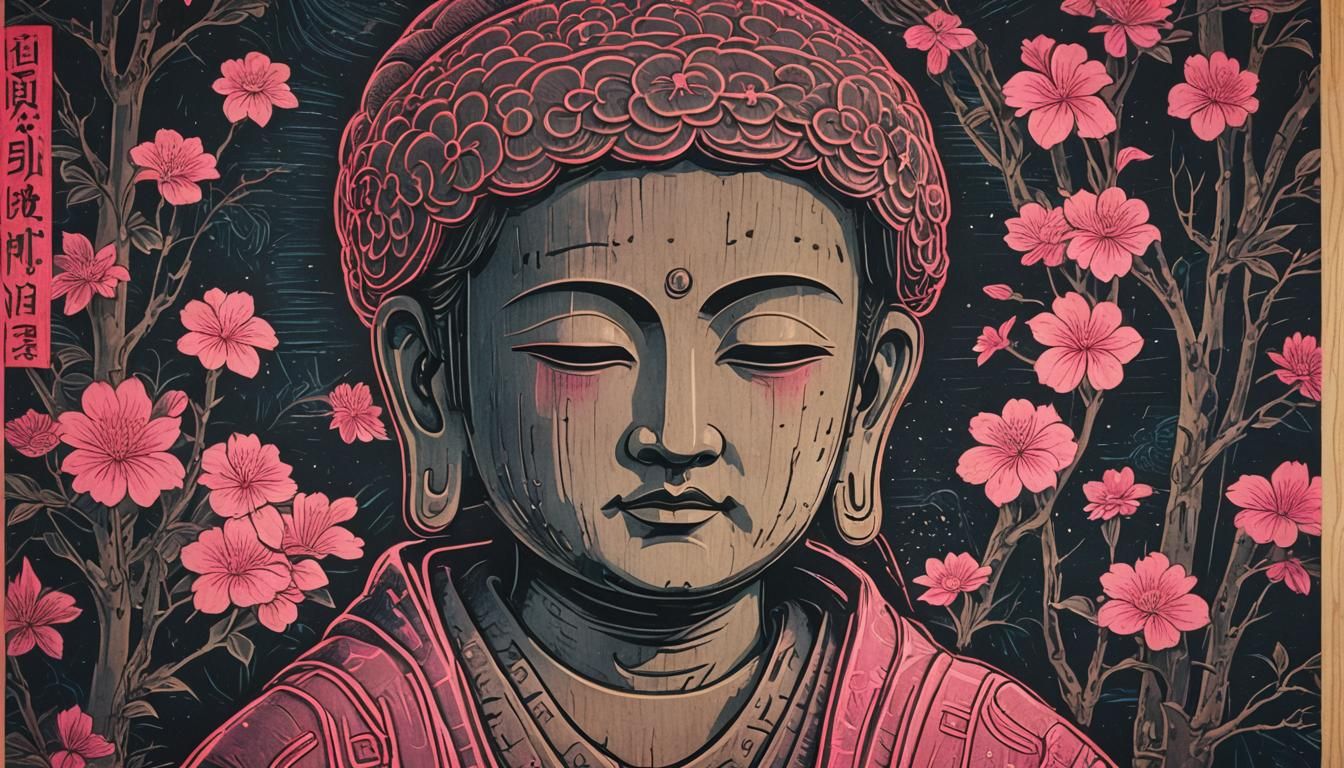 Jizo Statue in Meiji Era Woodblock Print