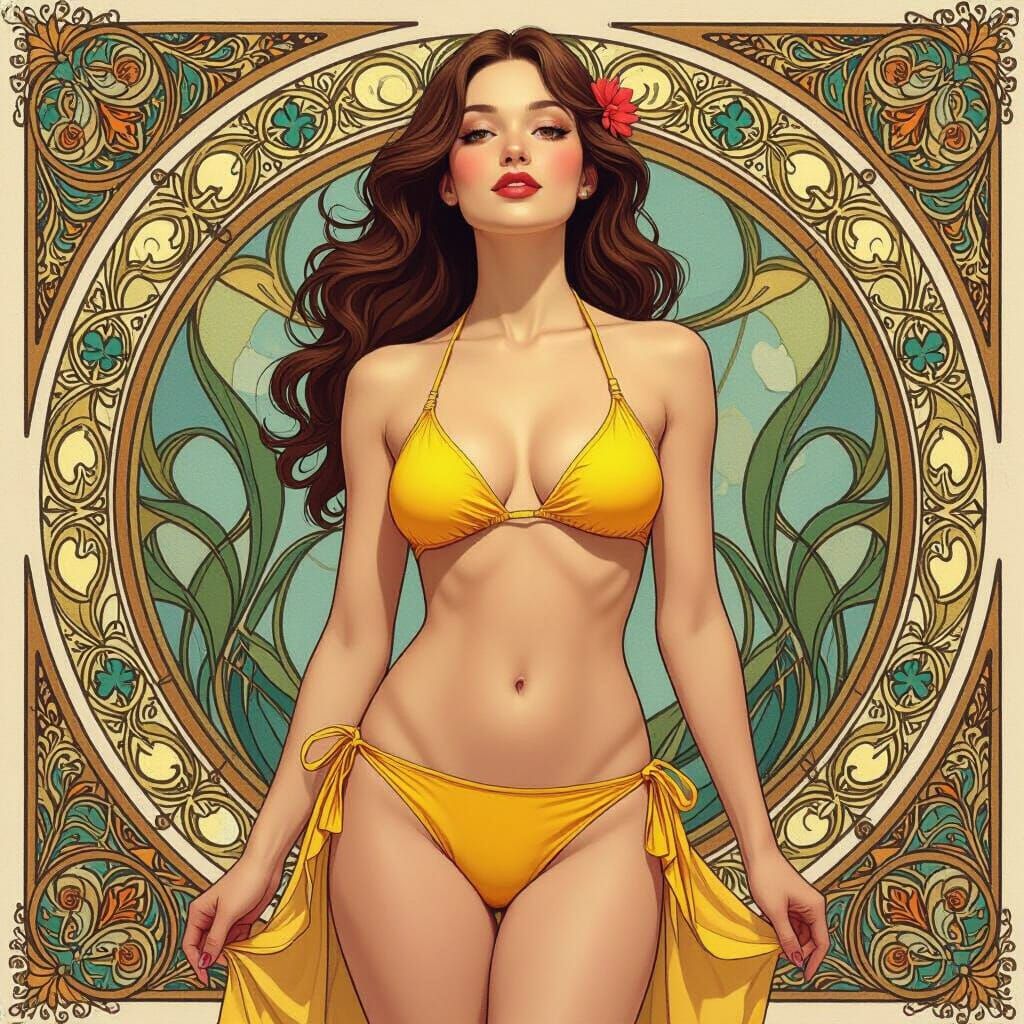 Confident Woman in Bikini, Art Nouveau Illustration