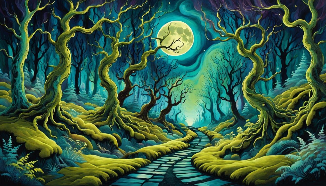 Moonlit Forest Sanctuary in Whimsical Artistic Splendor