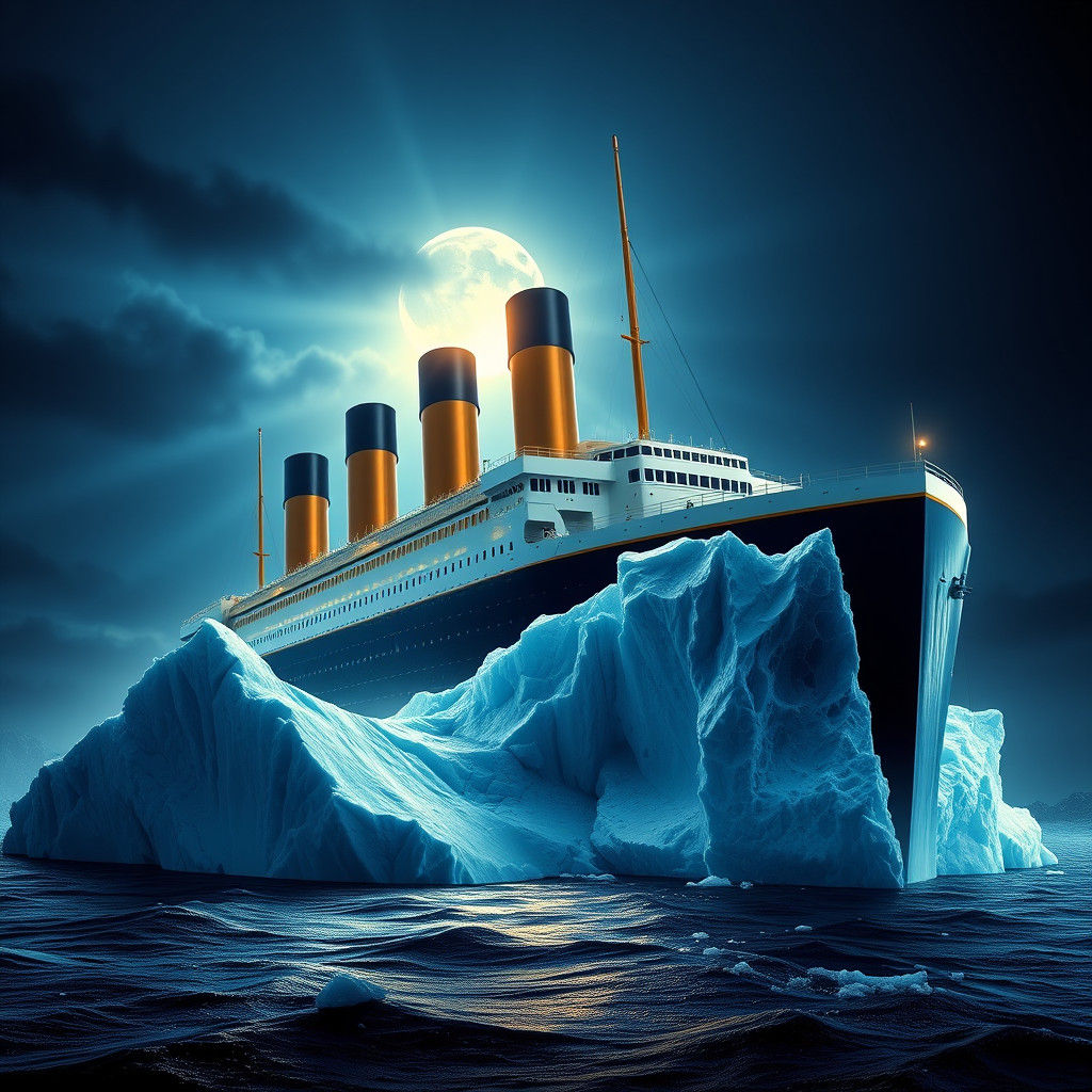 Titanic Collision with Iceberg in Hyperrealistic Style
