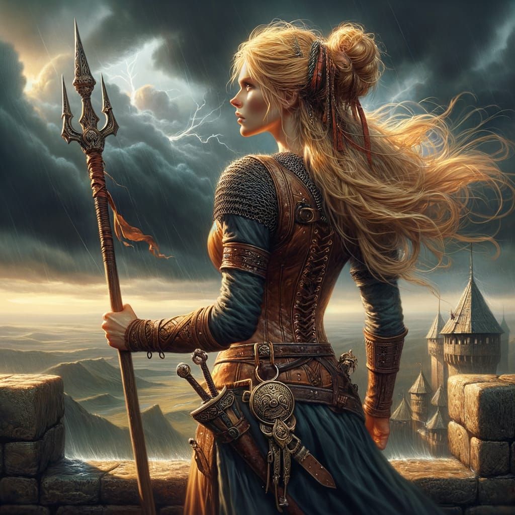 Norse Goddess Defiant Against Approaching Storm