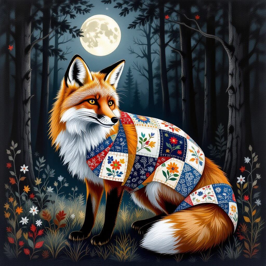 Patchwork Fox Explores Moonlit Forest in Black and White