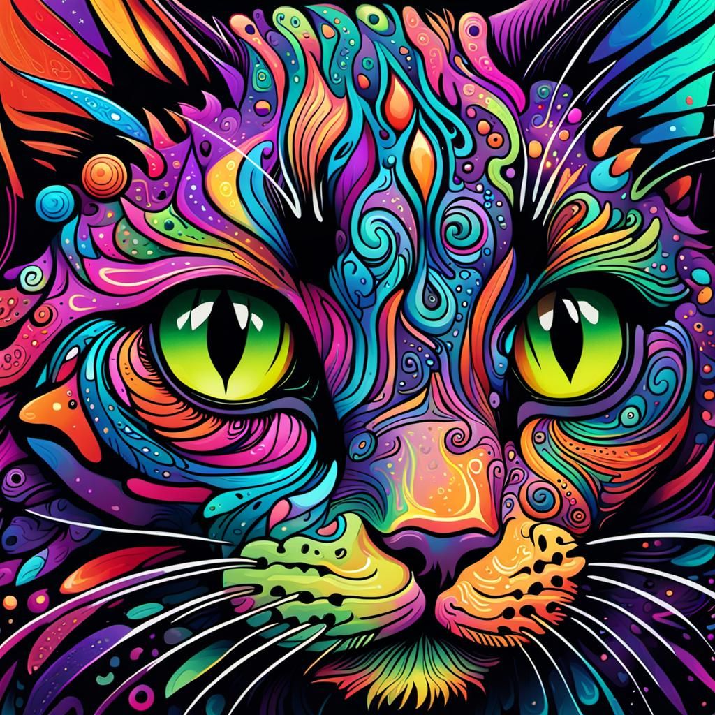 Psychedelic Doodle Cat in Neon Rainbow Colors