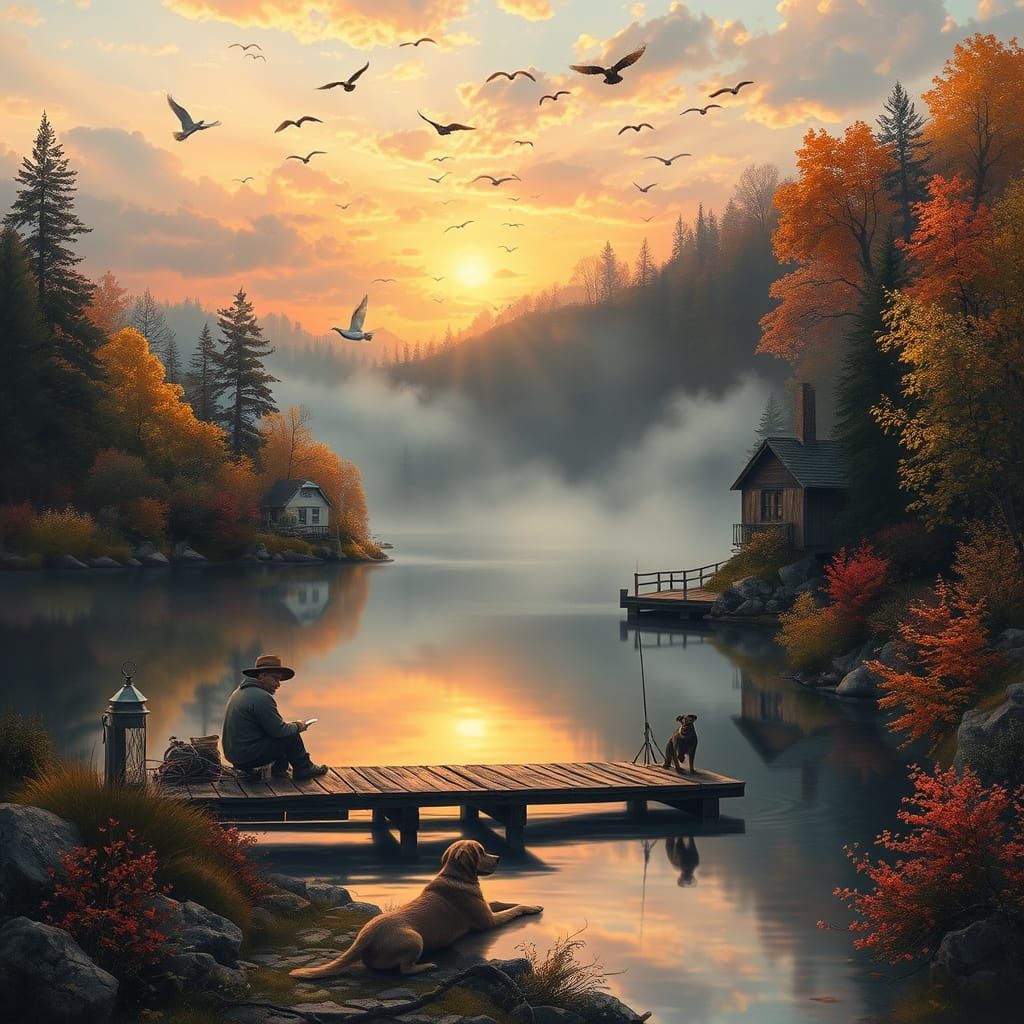 Dreamlike Autumn Sunset: Fisherman by Lake with Dog and Cott...