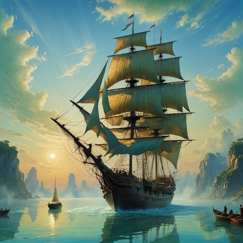 Great Boat in Blue Sky: Fantasy Concept Art