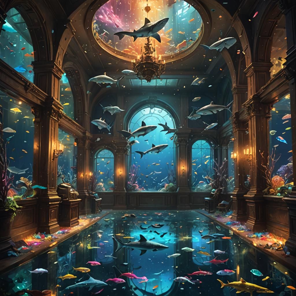 Fantasy Aquarium Hallway with Sharks and Luminescent Fish