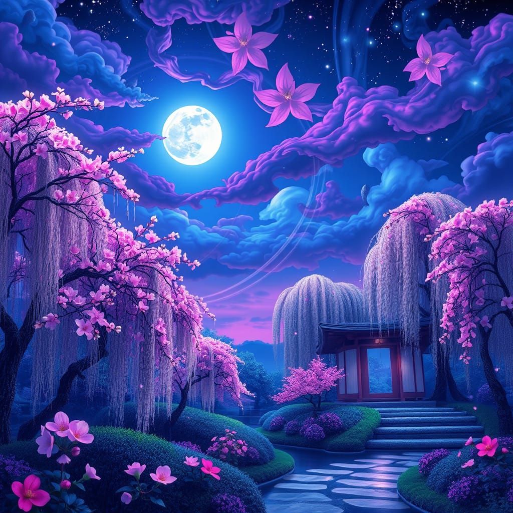Dreamlike Japanese Garden at Dusk in Cosmic Art Style