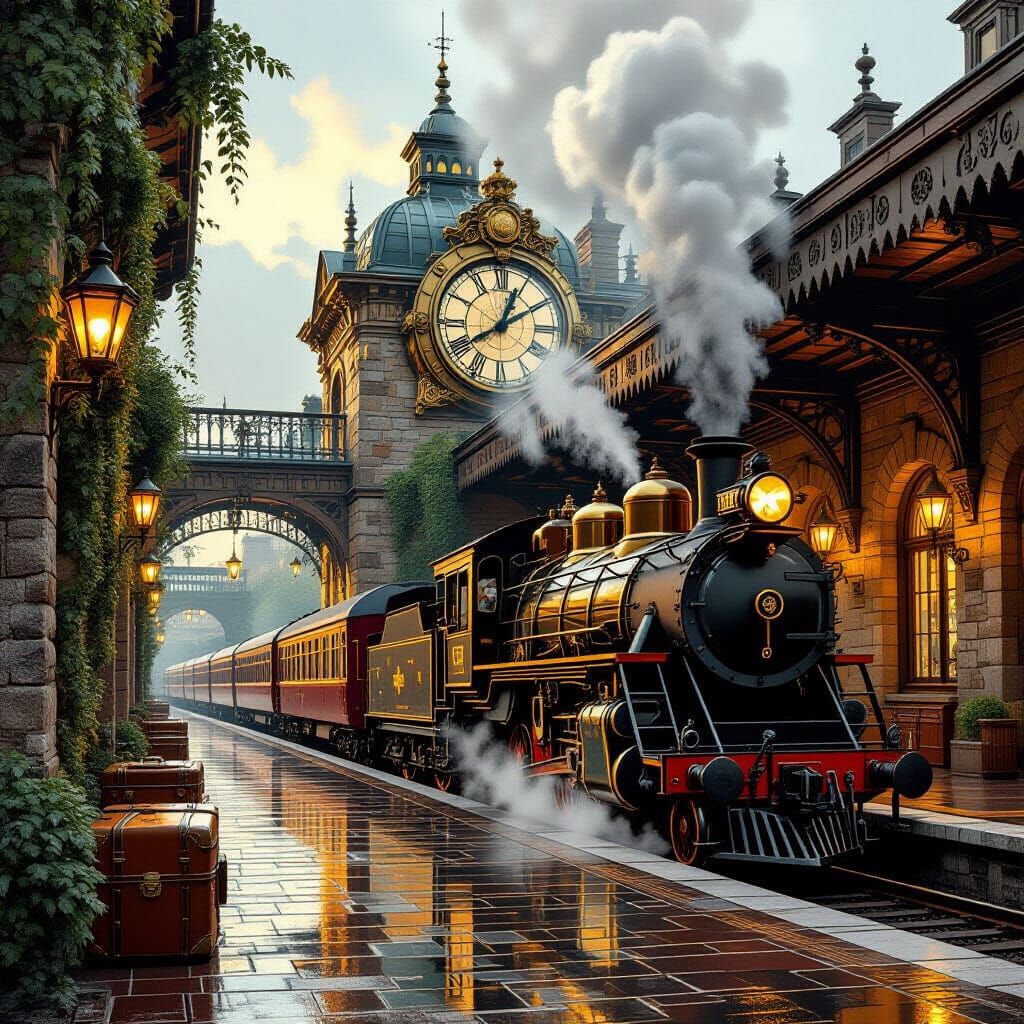 Steampunk Train Station with Clockwork and Golden Light