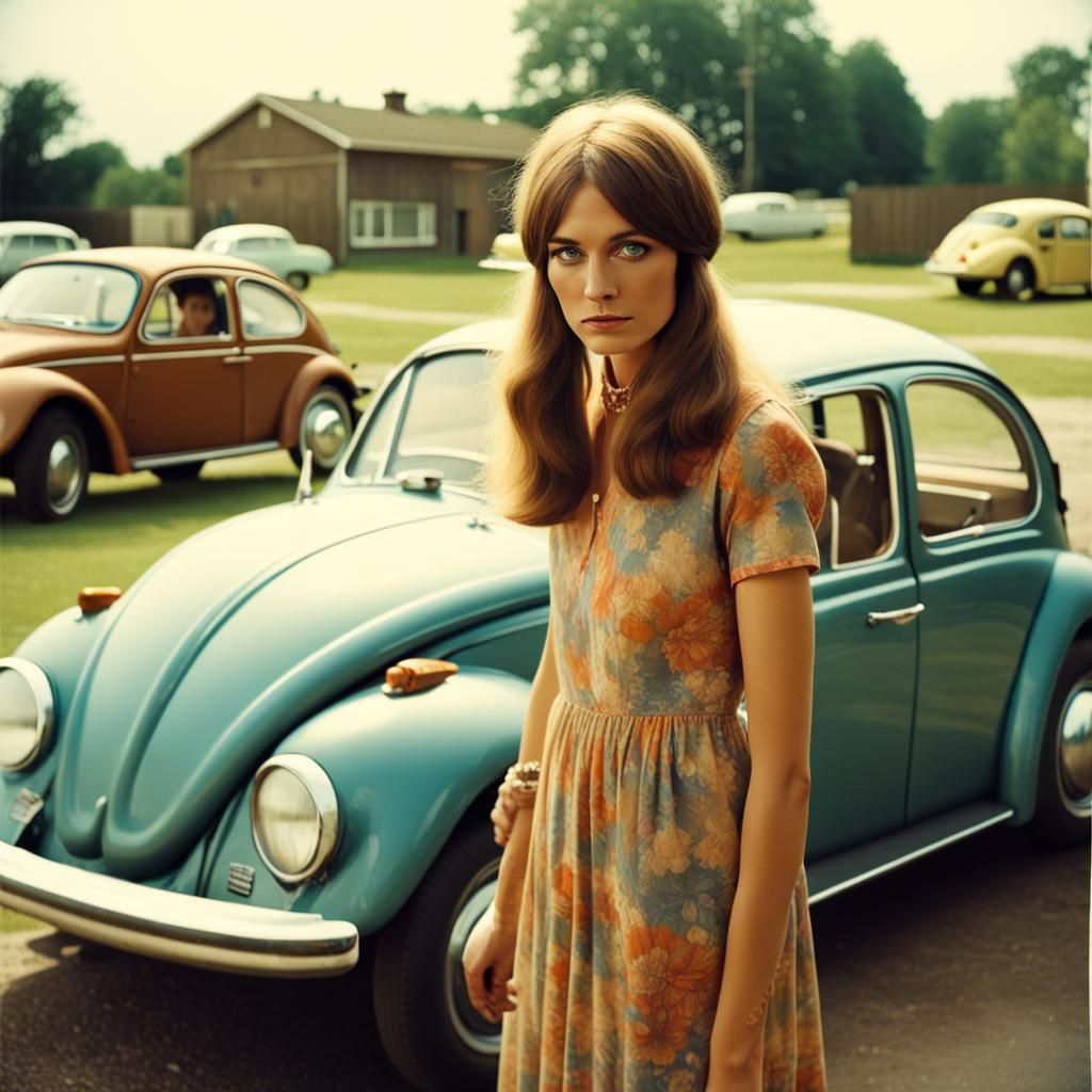 1970s Hippie Girl about to Enter Volkswagen