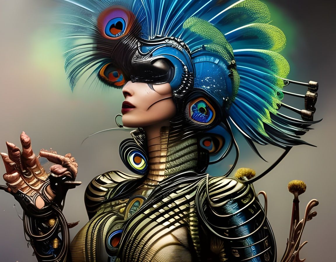 Biomechanical Peacock with Cybernetic Implants