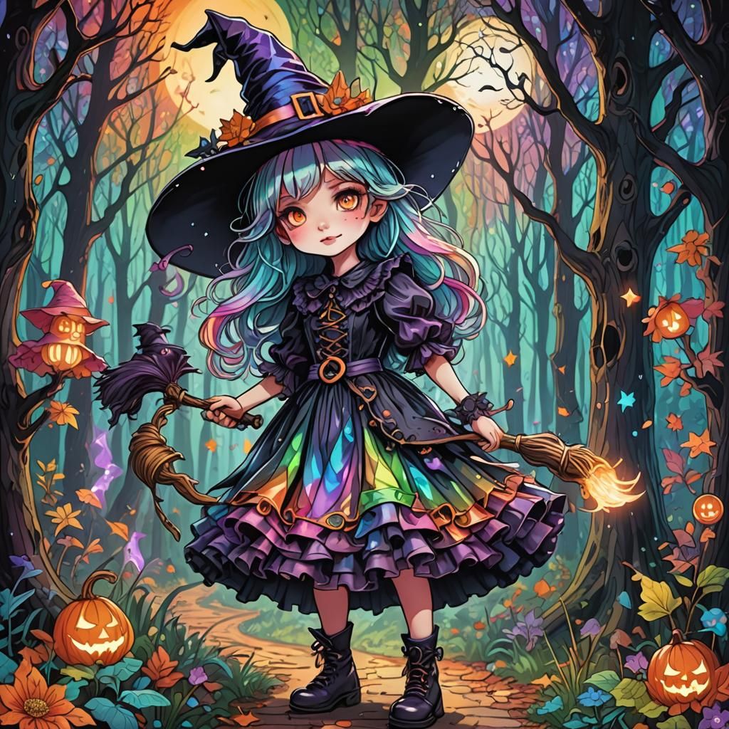 Creepy Cute Witch in a Rainbow Forest