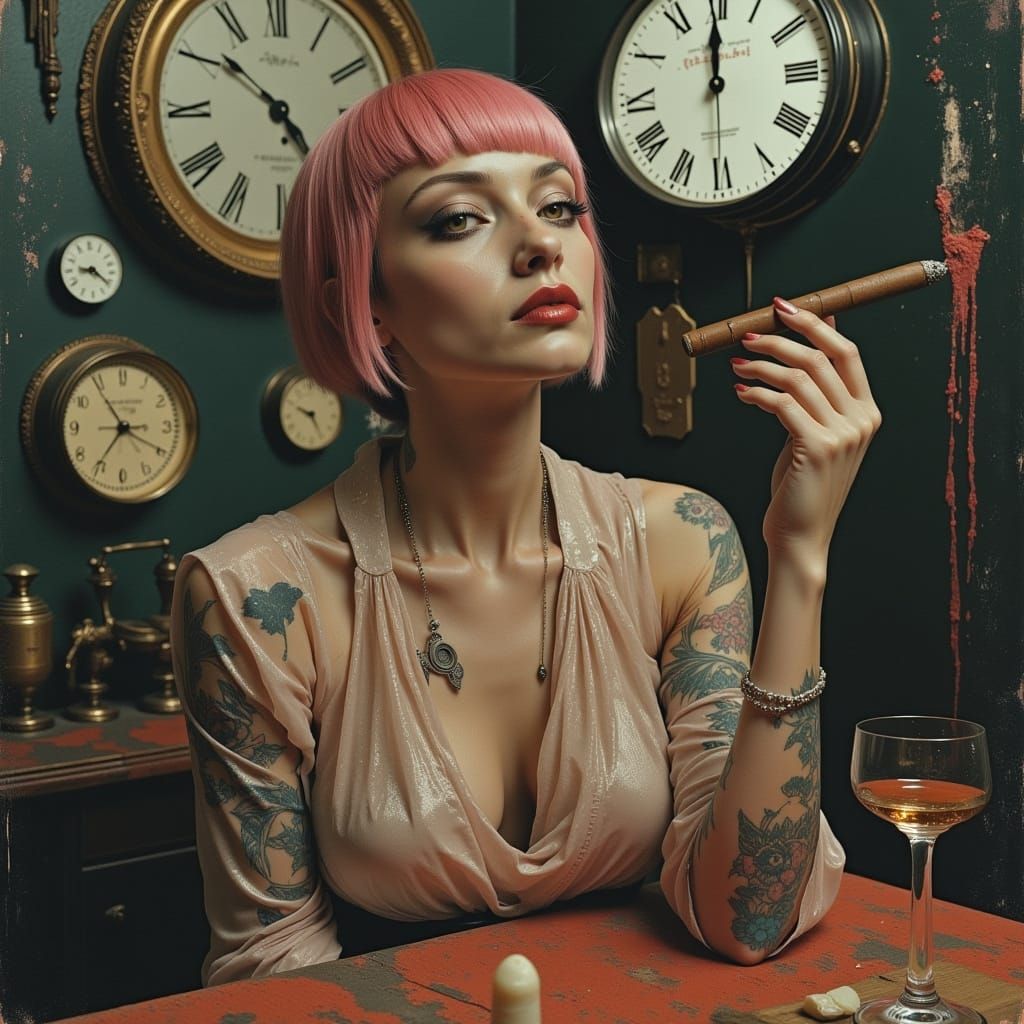 Surreal Boudoir Scene: Woman Smoking Cigar