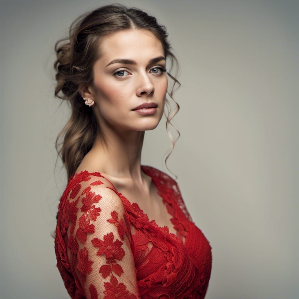 Woman in Red Lace Gown, Professional Portrait