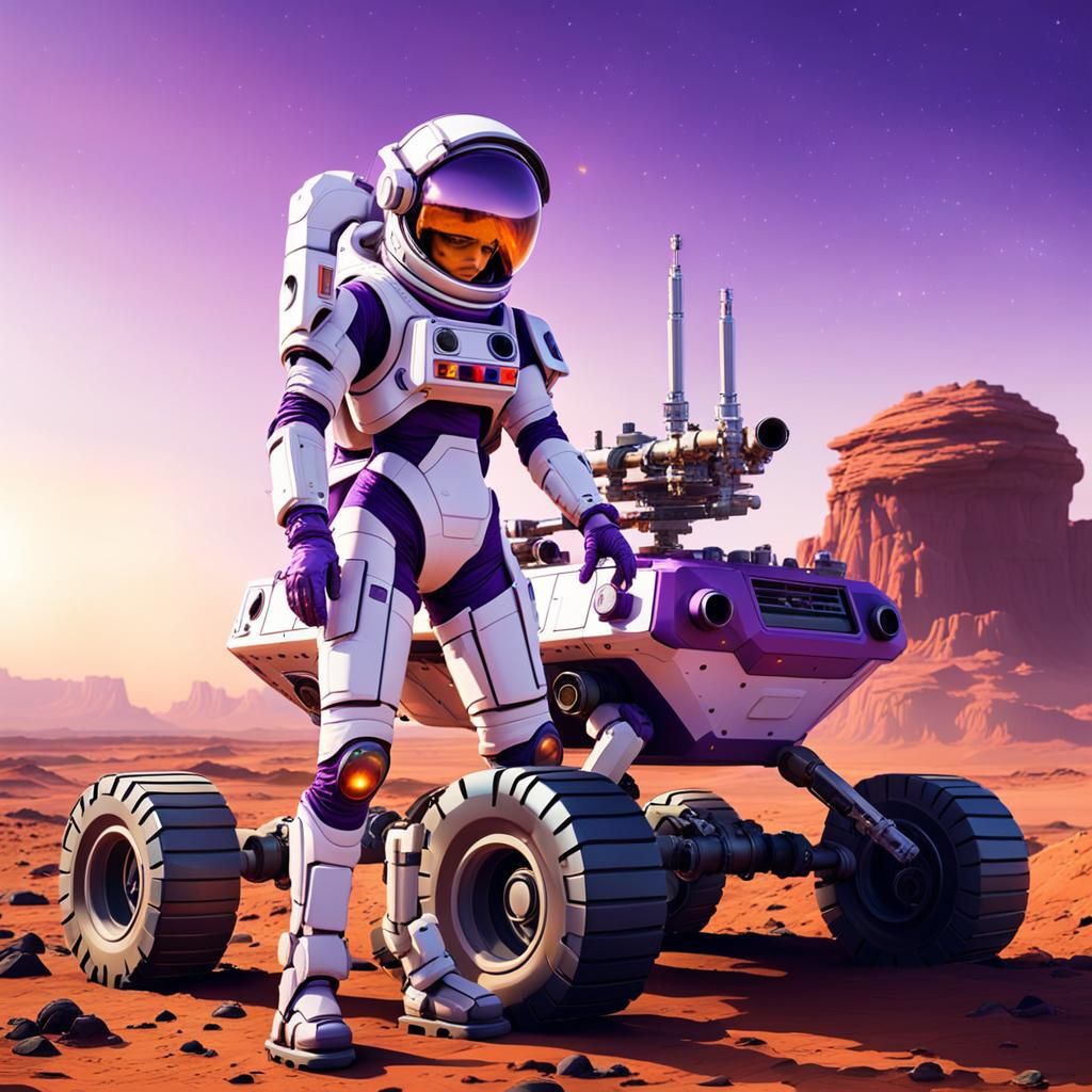 Space Engineer Repairs Rover on Mars at Sunset