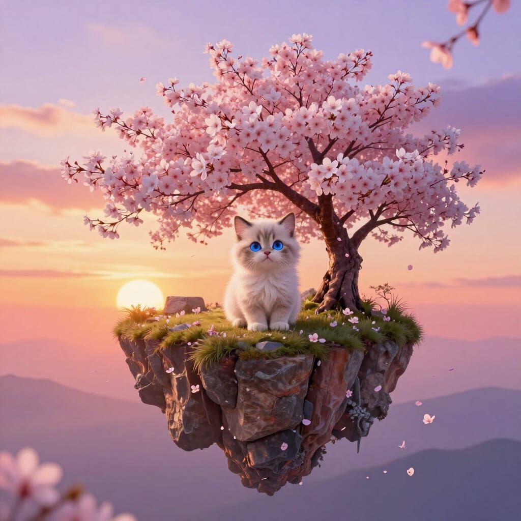 Cute Kitten on Floating Island at Sunset