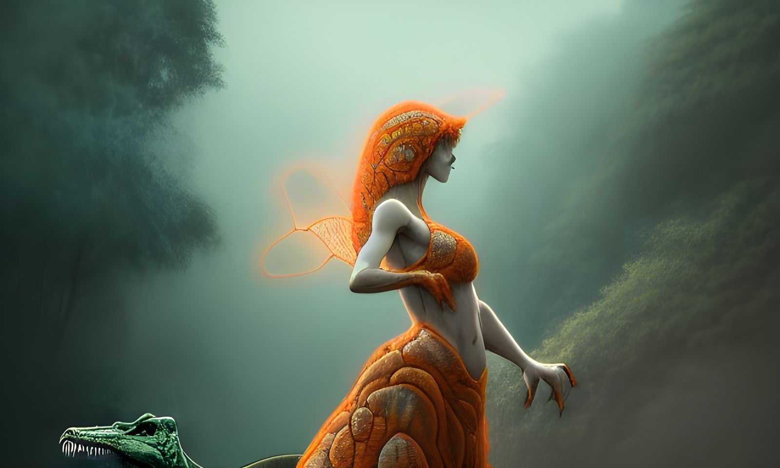 Dinosaur Girl with Fractal Wings in Hyperdetailed Style