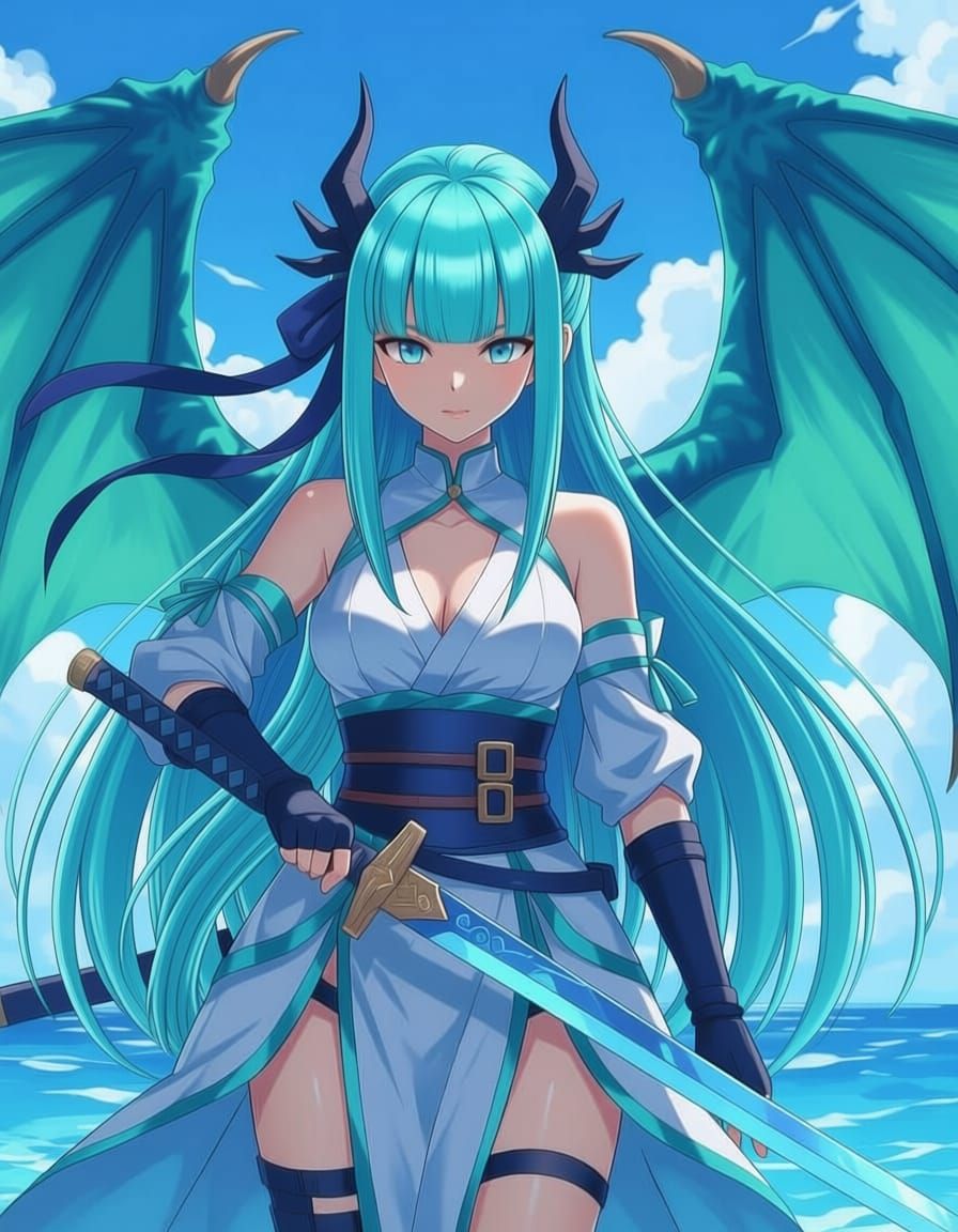 Woman with Long Dark Blue Ponytail and Ribbon