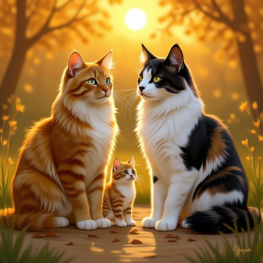 Regal Cat Family Portrait in Golden Light