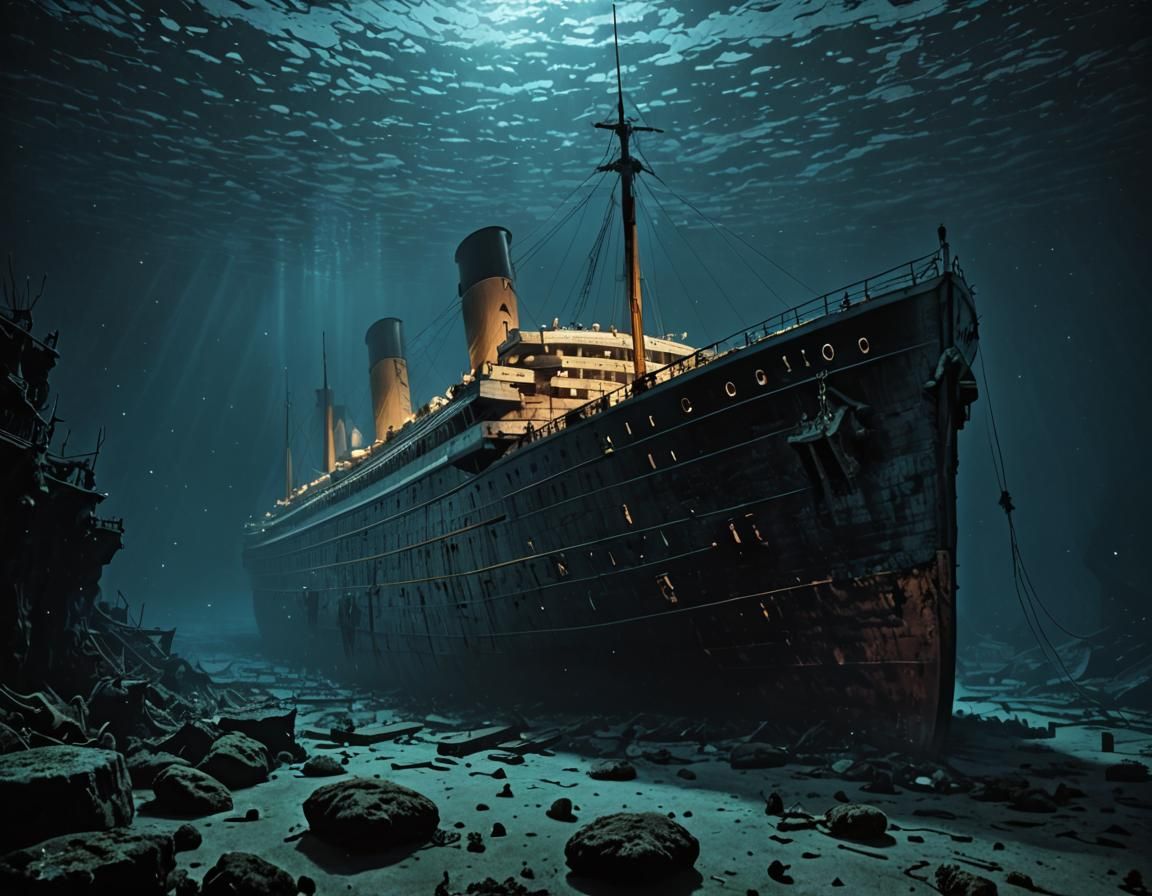 Sunken Titanic in Bioluminescent Deep Sea