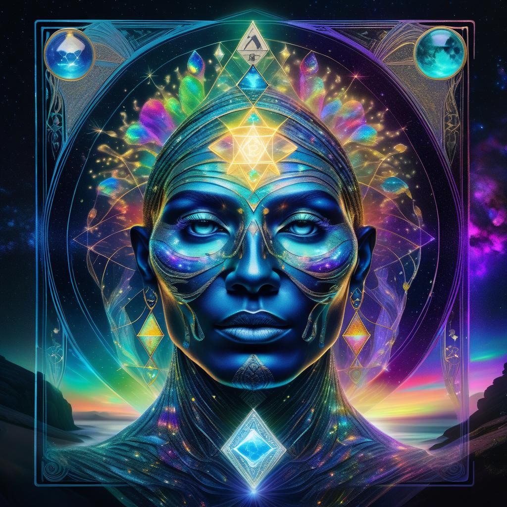 Bioluminescent Face Overlapped with Tarot Card