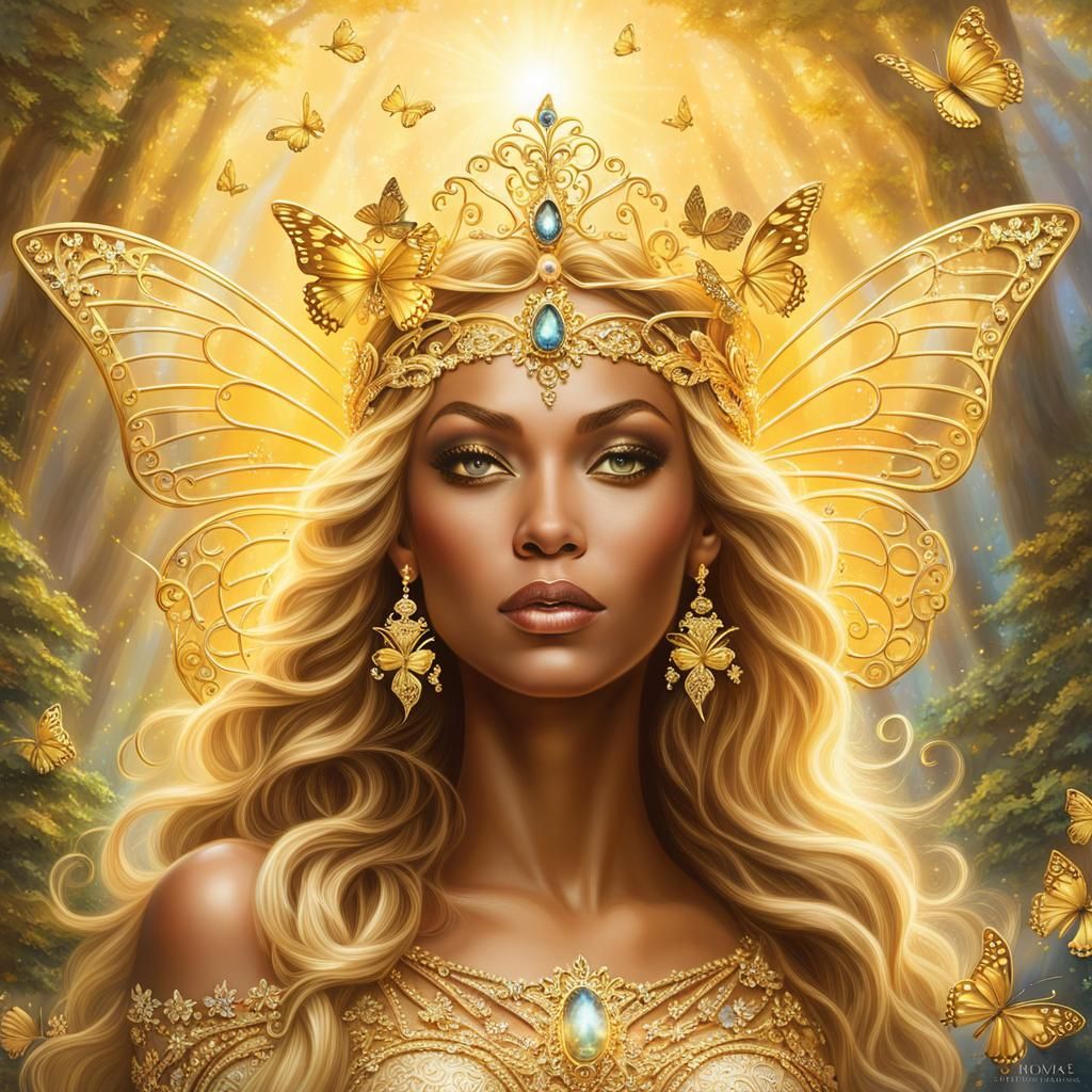 Beyonce as a Golden Goddess in Ethereal Fantasy Style