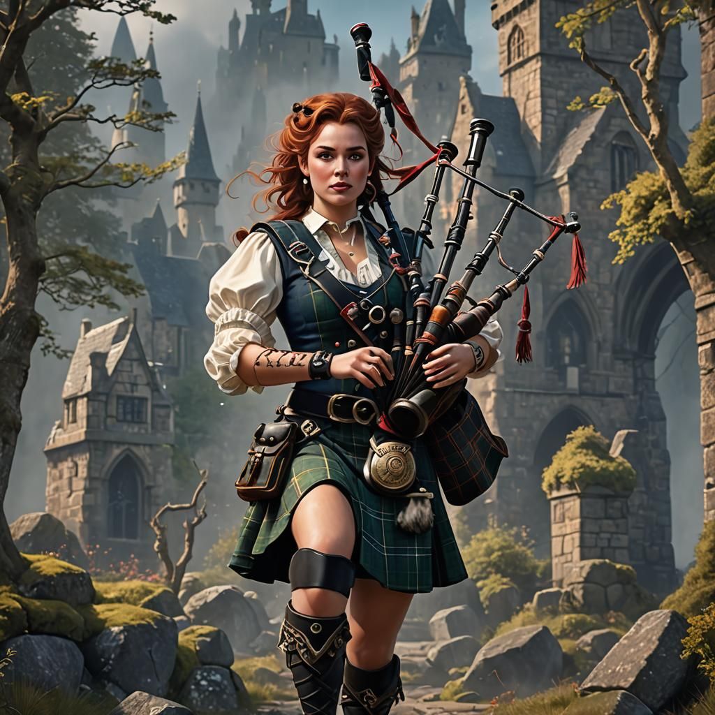 Scottish Pin-Up Plays Bagpipes in Detailed Matte Painting