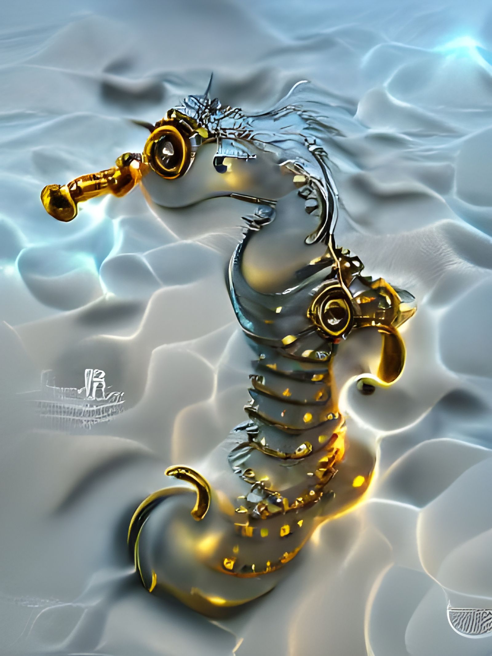 Steampunk Seahorse in Gold and Silver: 8K