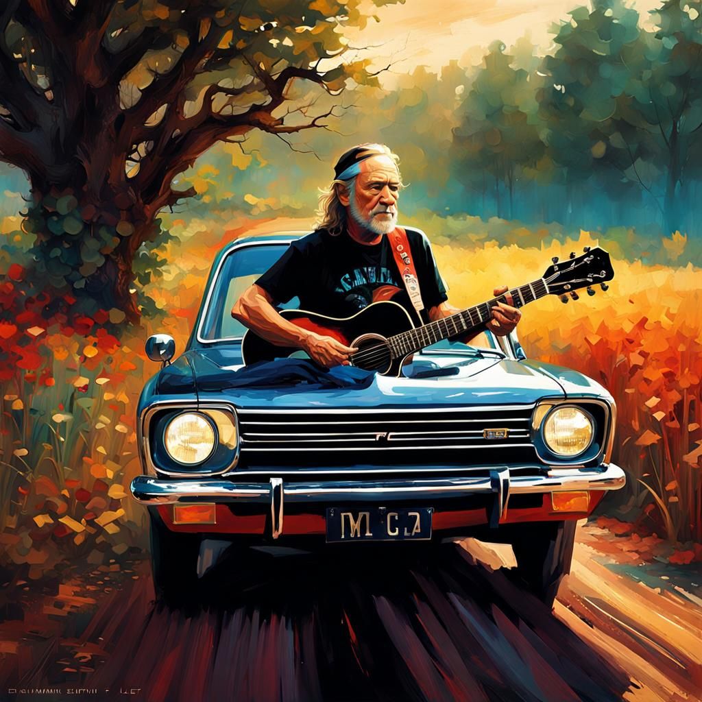 Willie Nelson Plays Guitar: Whimsical Splash Art