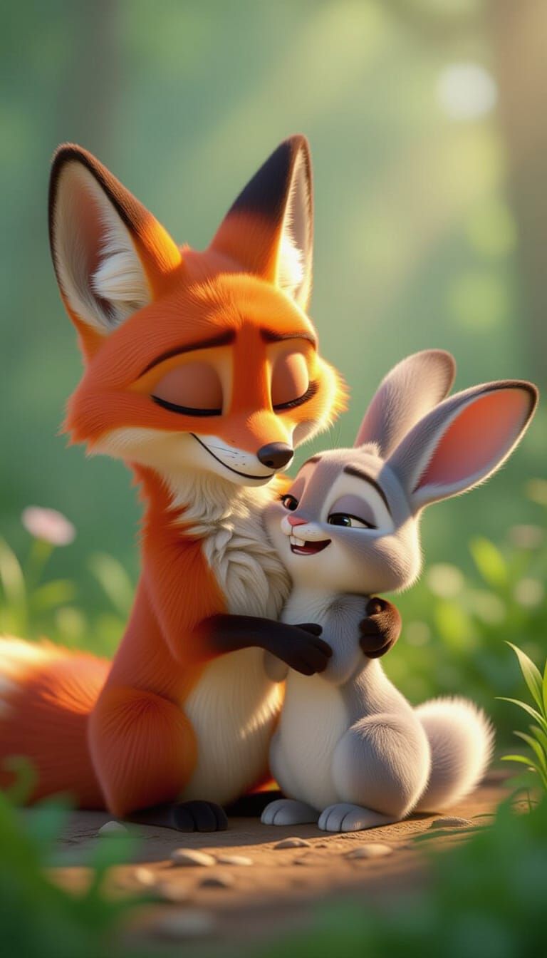 Anthropomorphic Fox and Bunny in Loving Pose, Zootopia Inspi...