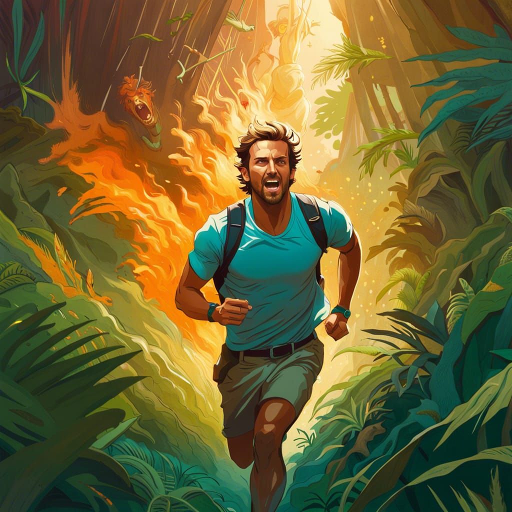 Terrified Bradley Cooper in Jungle Explosion, Surreal Illust...