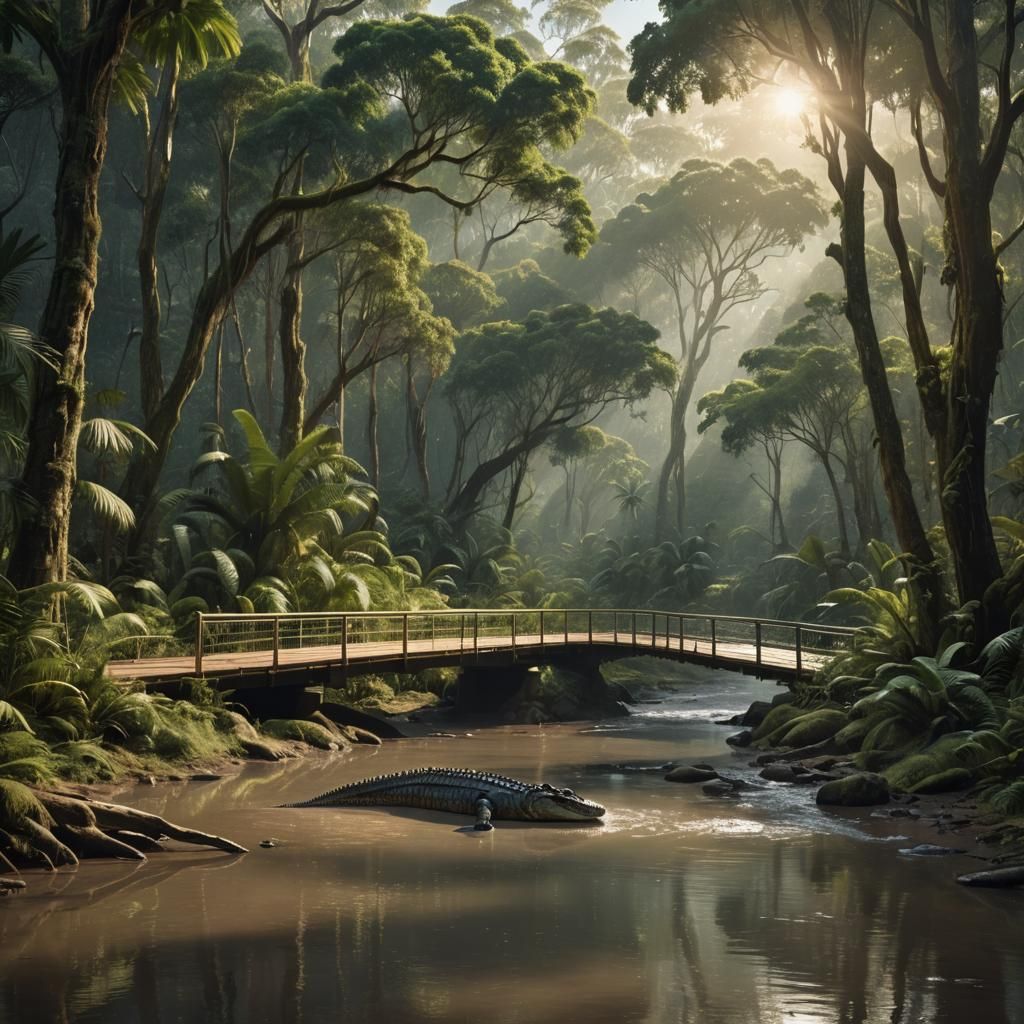 Crocodiles Basking in Australian Rainforest: Matte Painting