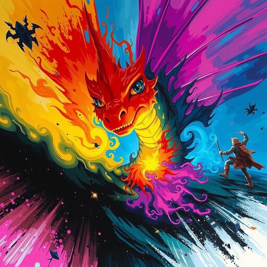 Adventurer Faces Giant Dragon in Hyperrealistic Style