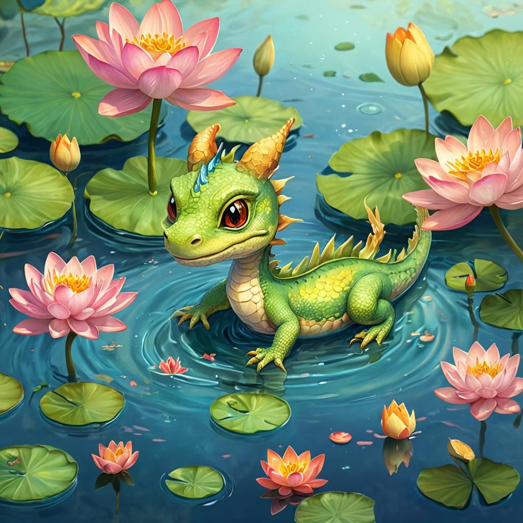 Baby Water Dragon in Pond, Whimsical Digital Art
