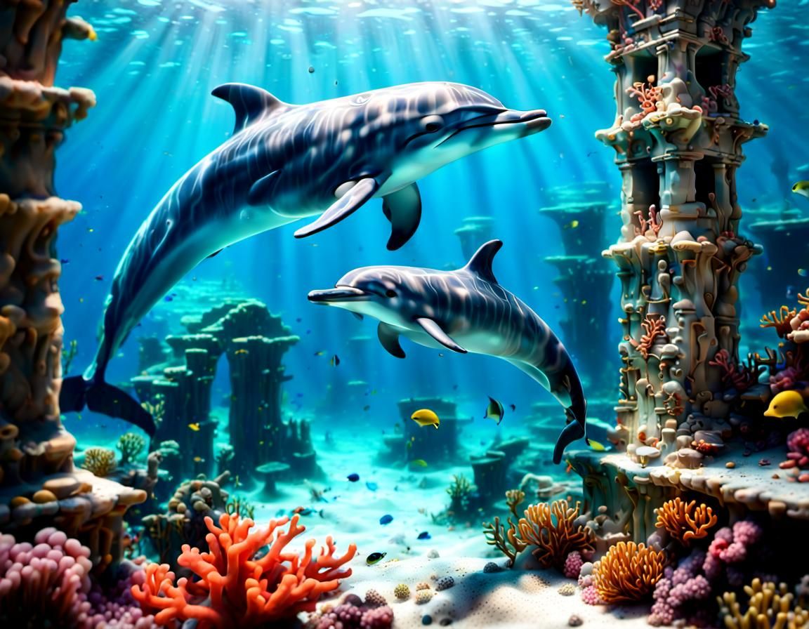 Glowing Underwater World with Dolphins in 3D