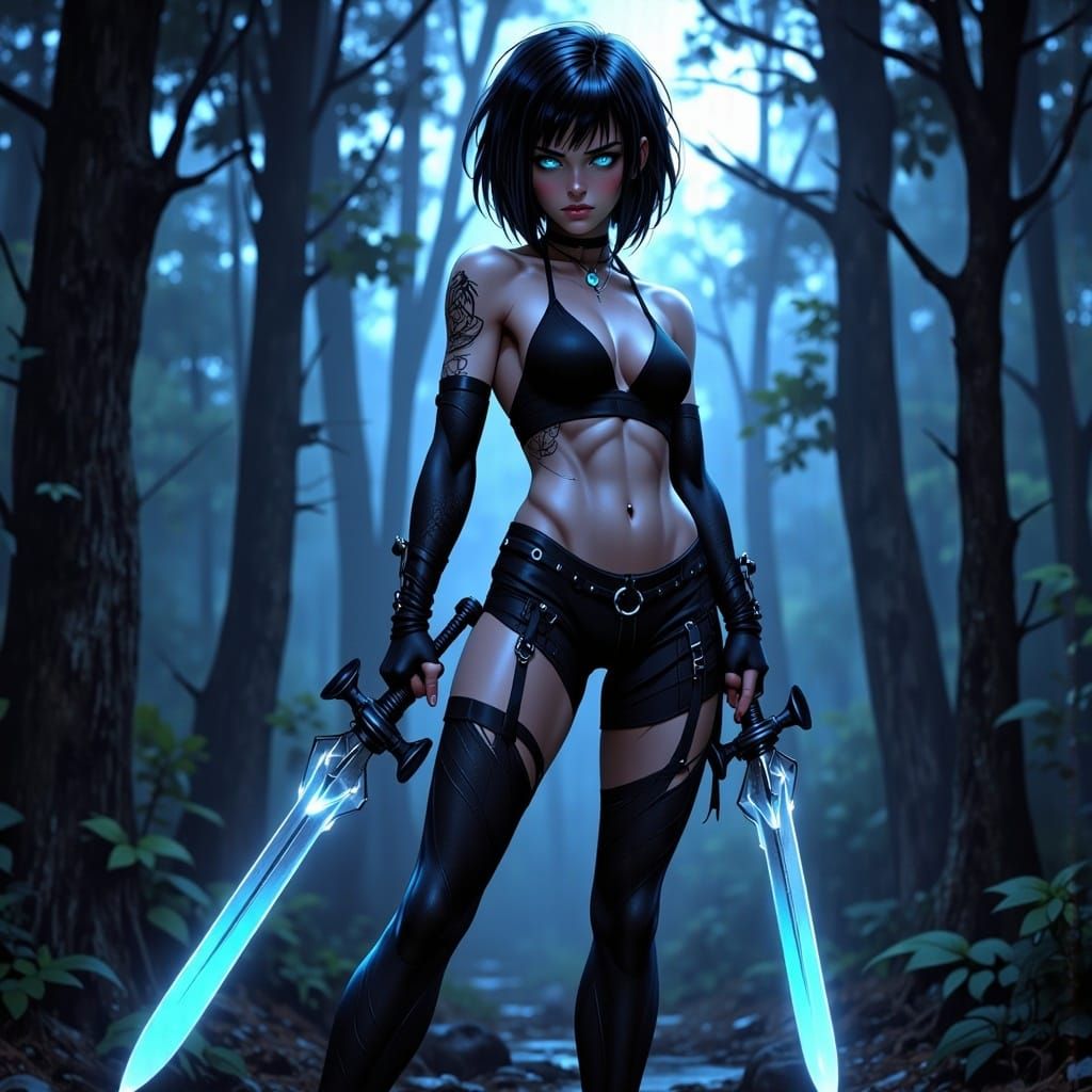 Dagger-Wielding Woman in Moonlit Anime Forest