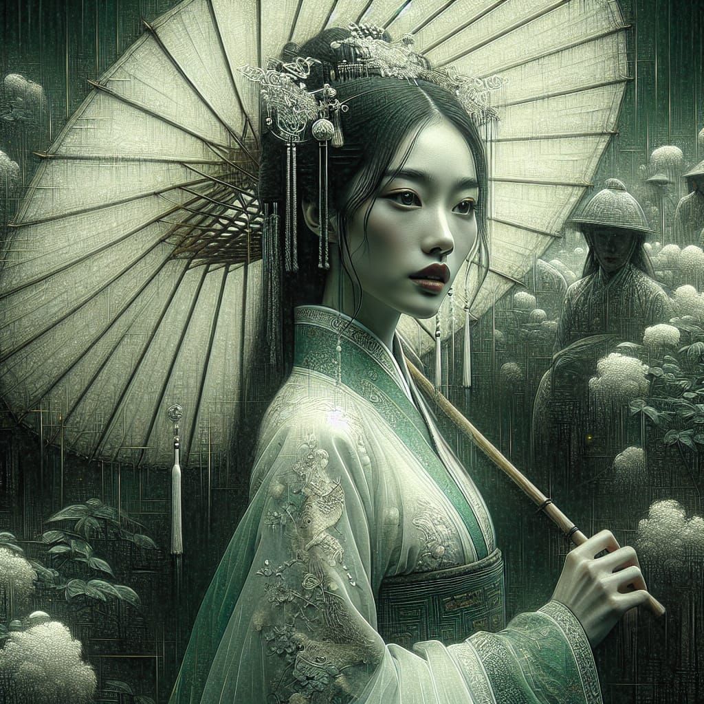 Ethereal Woman with Bamboo Umbrella in Digital Painting
