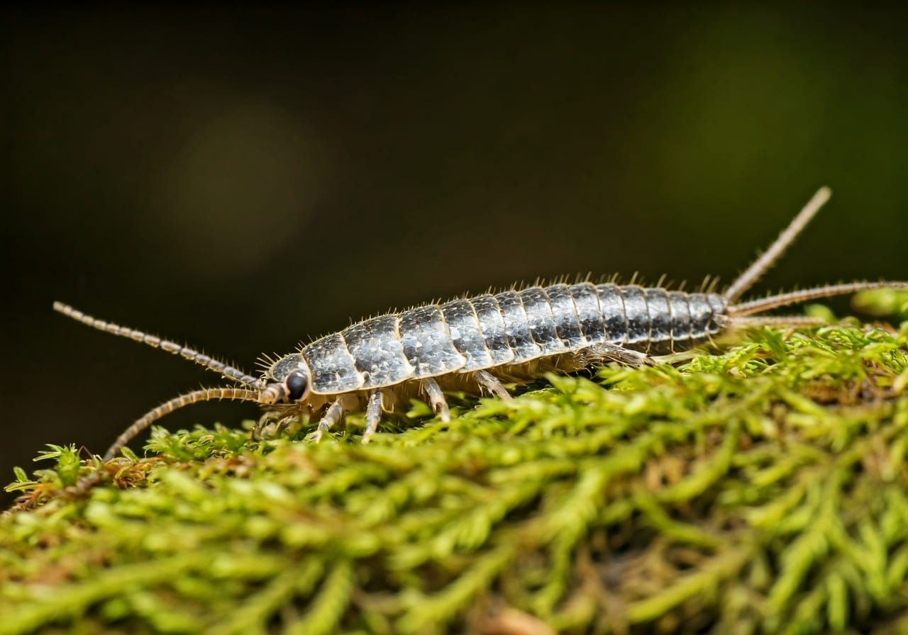 Silverfish Insect in Mossy Forest Macro Photography