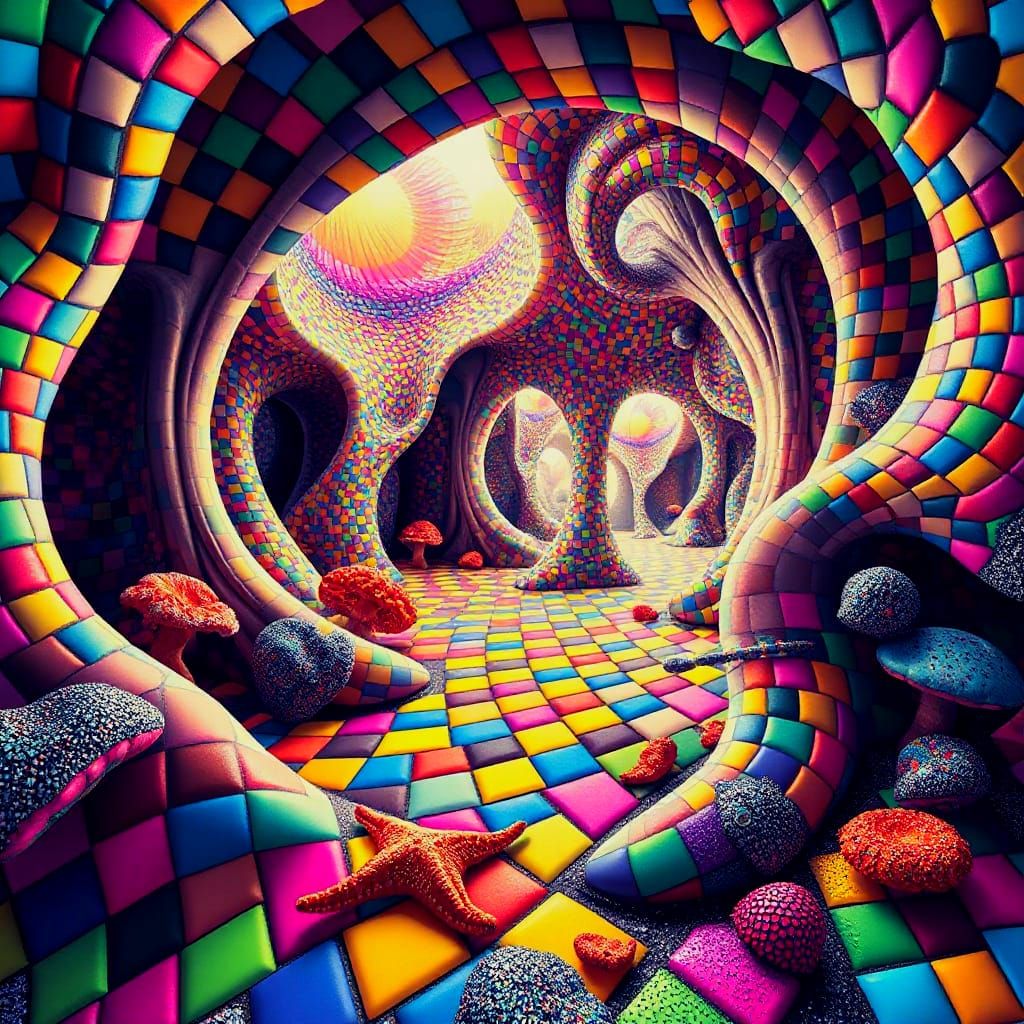 Vibrant Fractal Grotto in Kaleidoscopic Squares