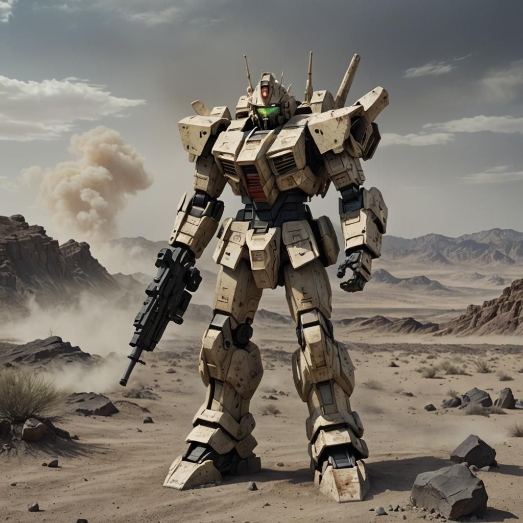 Damaged Gm-Cannon Mobile Suit in Desert Landscape