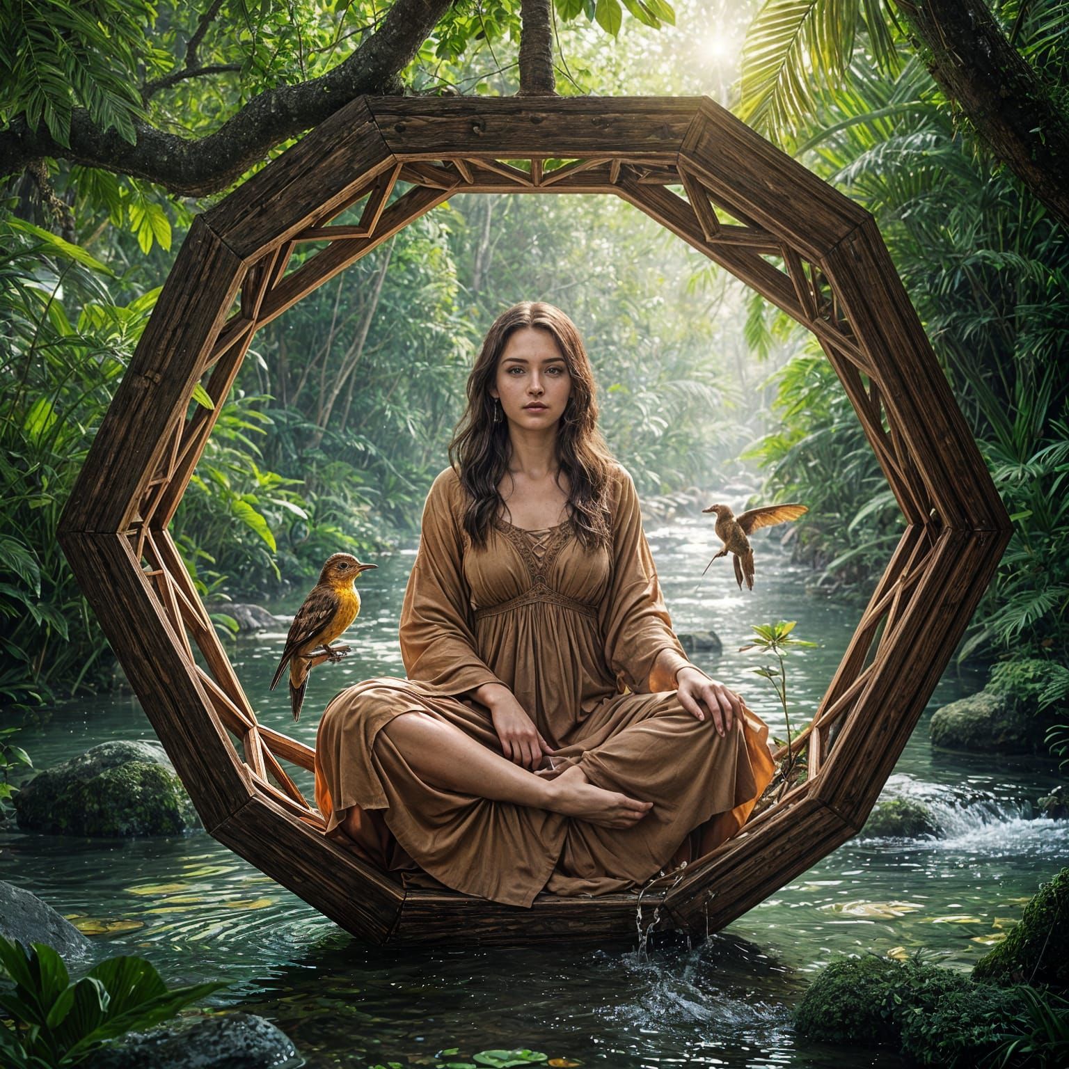 Wooden Octahedron Sanctuary in Hyperrealistic Detail