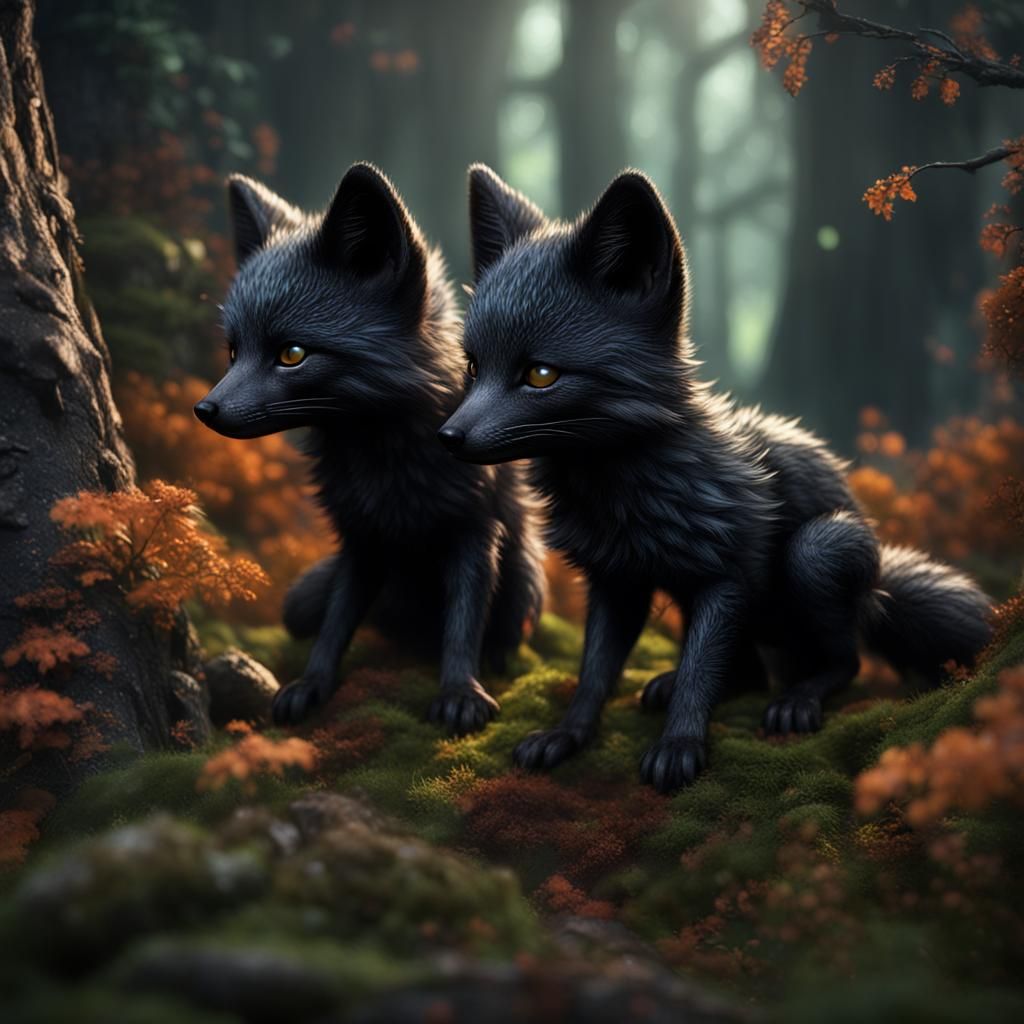 Black Baby Foxes in a Fantastical Forest