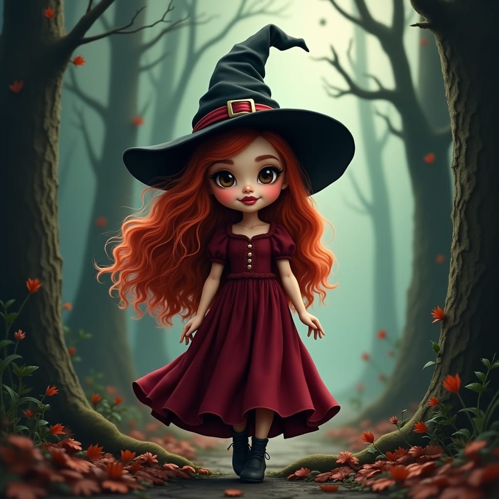 Cute Witch Walks Through Haunted Forest in 8k