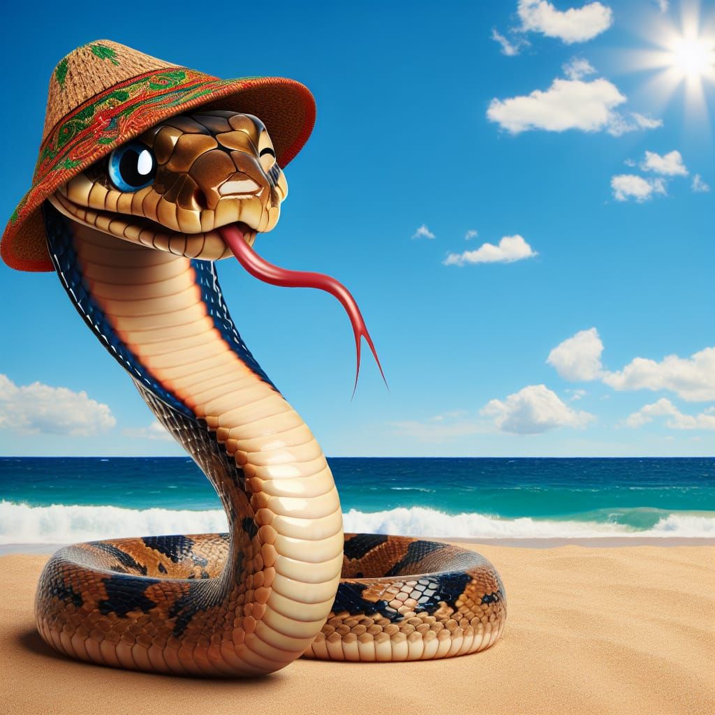 Humorous Snake with Silly Hat on Sunny Beach